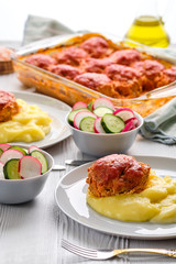Meatballs and mashed potato. Rustic dinner.