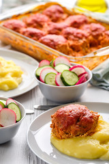Meatballs and mashed potato. Rustic dinner.
