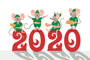 Christmas vector mouse postcard. Cartoon illustration. 2020 New Year card with cute rats and cheese.