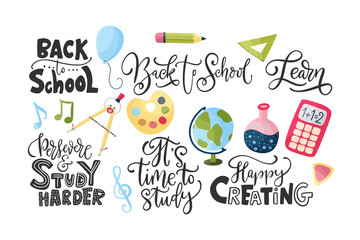 Vector hand drawn set of icons with school stationery and lettering quotes. Back to school message and flat illustrations. Cute cartoon art. Study collection.