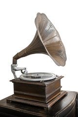 Antique gramophone an old record player  and dents isolated
