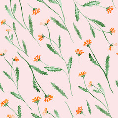 Orange flowers, watercolor painting - hand drawn seamless pattern with blossom on pink background
