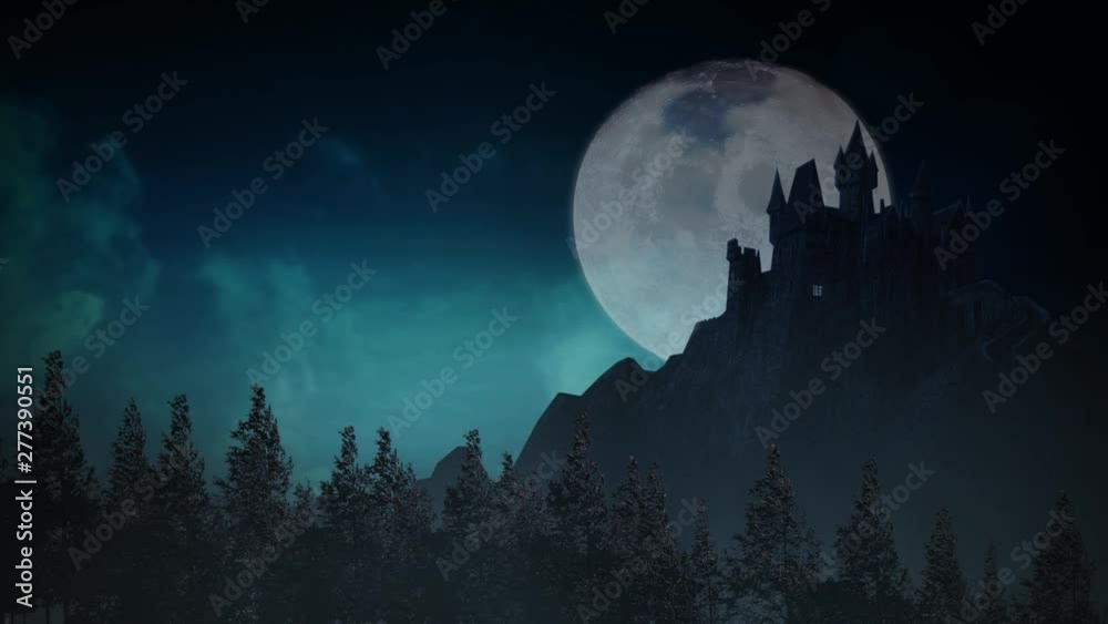 Wall mural dark castle on a moonlite night 4k loop features a haunted castle with a full moon and moving clouds
