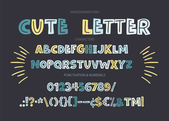 Cute hand drawn display vector alphabet ABC font with letters, numbers, symbols. For calligraphy, lettering, hand made quotes.