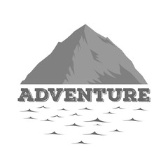 Logo, icon or badge with background of mountains, waves on river, lake with lettering adventure. Monochrome vector illustration flat style design. Wanderlust label.