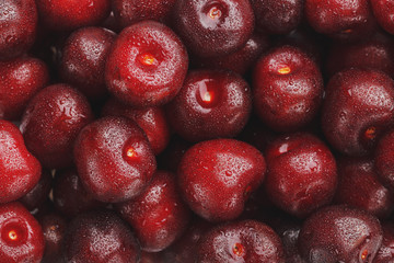 Ripe and fresh berries of a sweet cherry with water drops closeup.