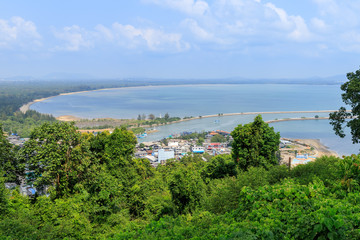 Fototapeta na wymiar Pak Nam Chumphon town, urban, river, and bay from Khao Matsee Viewpoint
