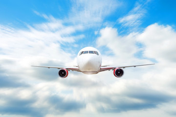 Flying and traveling above the clouds, day voyage airplane motion speed.