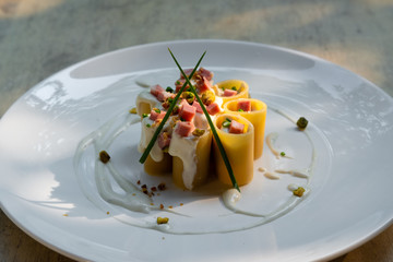 paccheri italian fresh traditional pasta with mortadella and cheese