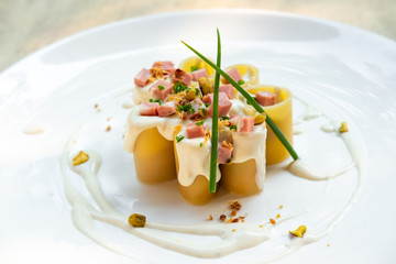 paccheri italian fresh traditional pasta with mortadella and cheese