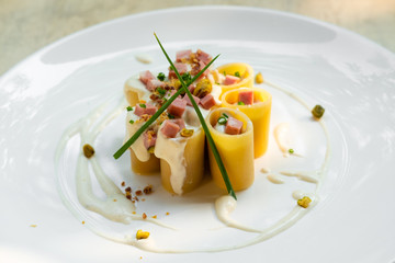 paccheri italian fresh traditional pasta with mortadella and cheese