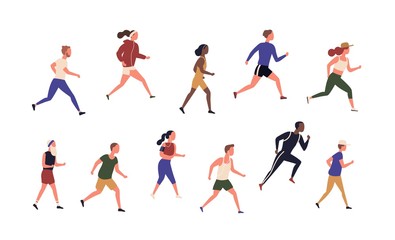 Fototapeta na wymiar Collection of running people isolated on white background. Bundle of young and elderly men and women jogging. Set of male and female runners or sprinters. Flat cartoon colorful vector illustration.