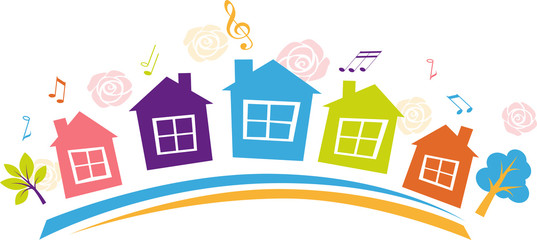 Banner for a block or neighborhood party with multi colored houses, EPS 8 vector illustration