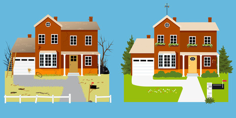 House before and after landscaping with improved curb appeal, EPS 8 vector illustration