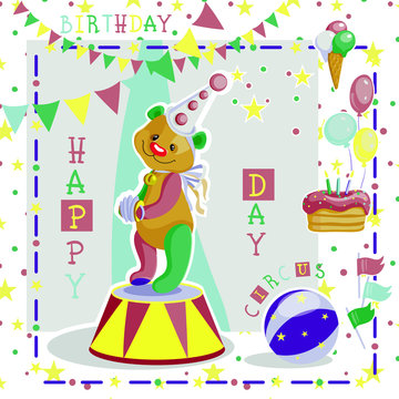 Teddy bear circus clown funny.   Set of circus cartoon icons.  A set for a child’s photo album, invitation or greeting card with cute circus elements in a cartoon style and a bear clown, ice cream, fl