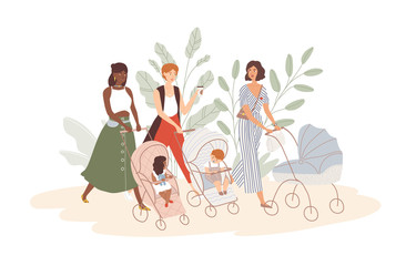 Group of cute women with babies in prams and strollers. Moms walking with their infant children. Community of young mothers. Motherhood and maternity. Flat cartoon colorful vector illustration.