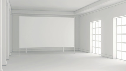 White room with columns and large windows. 3D rendering