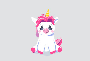 Cute unicorn vector background. Baby fairy animal pony illustration in cartoon style for girl kid print design. Horse character sitting on his ass