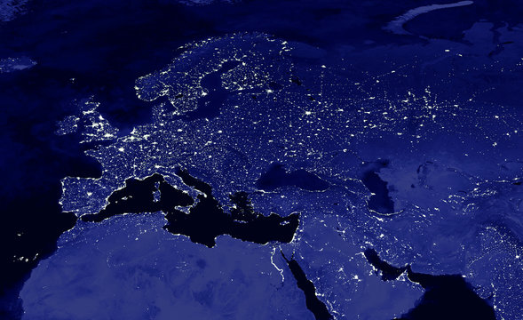 European continent electrical lights map at night. European city lights. Mao of Europe. View from outer space