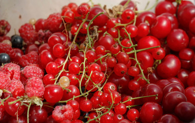 background of ripe juicy berries of red currants, raspberries and cherries. Close-up plan view from above.