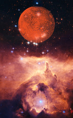 Planet Mars. Space nebula. Cosmic cluster of stars