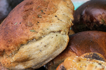 Pastries and breads on a table.