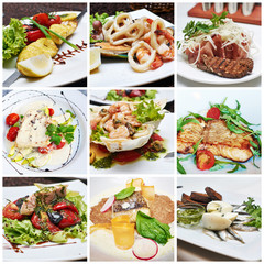 Collage from different photos of seafood