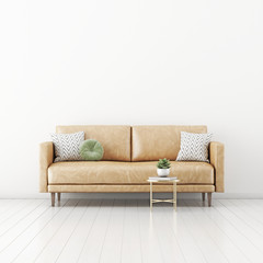 Living room interior wall mockup with tan brown leather sofa, round green pillow, coffee table and succulent plant on empty white wall background. 3D rendering, illustration.