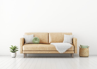 Living room interior wall mockup with tan brown leather sofa, round green pillow, basket, furry plaid and plant in pot on empty white wall background. 3D rendering, illustration.