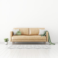 Living room interior wall mockup with tan brown leather sofa, round green pillow and plaid, plant in pot and rug on empty white wall background. 3D rendering, illustration.