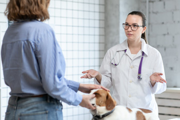The veterinarian and the client with the dog to discuss the treatment in a veterinary clinic.