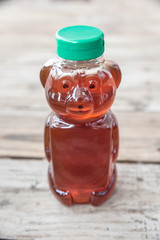 Organic natural sweetener, honey, on solid wooden background with room for copy.