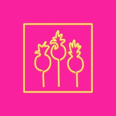  Neon sign in the shape of a pineapple. Glowing minimalistic pineapples. Summer toropic fruits. Style 80s. Synthwave signboard.
