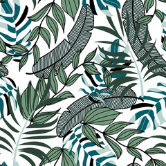 Summer bright seamless background with colorful tropical leaves and plants on white background. Vector design. Jungle print. Floral background. Printing and textiles. Exotic tropics. Fresh design.
