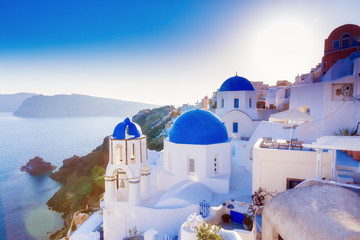 Santorini, Greece. Charming view Oia village on Santorini island. Traditional  famous blue dome...