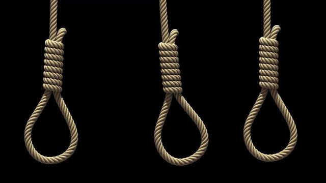 Hangman's nooses, 3D animation. Three ropes for hanging are swinging from side to side like pendulums, seamless loop. Transparent background ProRes 4444 with alpha channel in 4k UHD resolution version