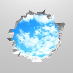Obraz premium Сracked broken hole in white wall to cloudy sky