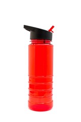 Red sport water bottle isolated on white background.