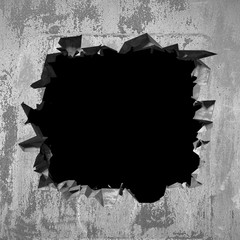 Dark cracked broken hole in concrete wall. Grunge background