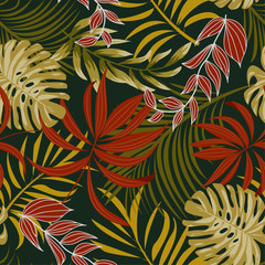 Trending bright seamless background with colorful tropical leaves and plants on dark background. Vector design. Jungle print. Floral background. Printing and textiles. Exotic tropics. Fresh design.