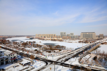Fototapeta premium urban architectural landscape in the snow, china