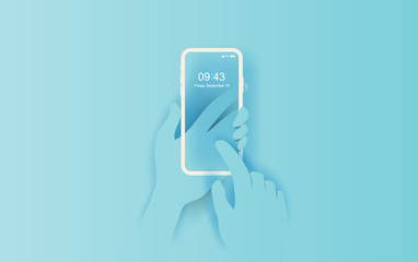 3D illustration of Hand holds smartphone with empty application. Compose dialogues simple.Text messaging frame idea concept.Creative design paper cut and craft on blue pastel background.Vector