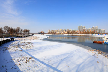 urban architectural landscape in the snow, china