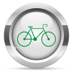 Bicycle icon.White metal internet button. Glass with green icon, vector.