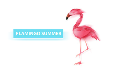 Summer banner with flamingo on white background,Minimal simple design for poster, flyer, invitation, card, web site or application smartphone. Creative design Paper cut style,vector illustration EPS10