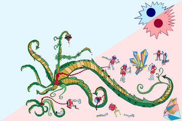 Obraz premium An astronaut arriving on another planet in search of treasure and crystals is attacked by a predatory plant that drinks blood and devours an expedition