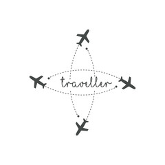 Traveller logo concept. Lettering traveler, with flying airplanes around the inscription. Flying plane along route, zigzag line. Airplane in the sky with text, vector template of sign.