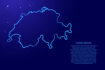 Switzerland map from the contour blue brush lines different thickness and glowing stars on dark background. Vector illustration.