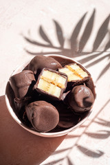 Frozen healthy dessert. Dark Chocolate Peanut Butter Banana Bites