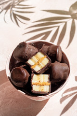 Frozen healthy dessert. Dark Chocolate Peanut Butter Banana Bites